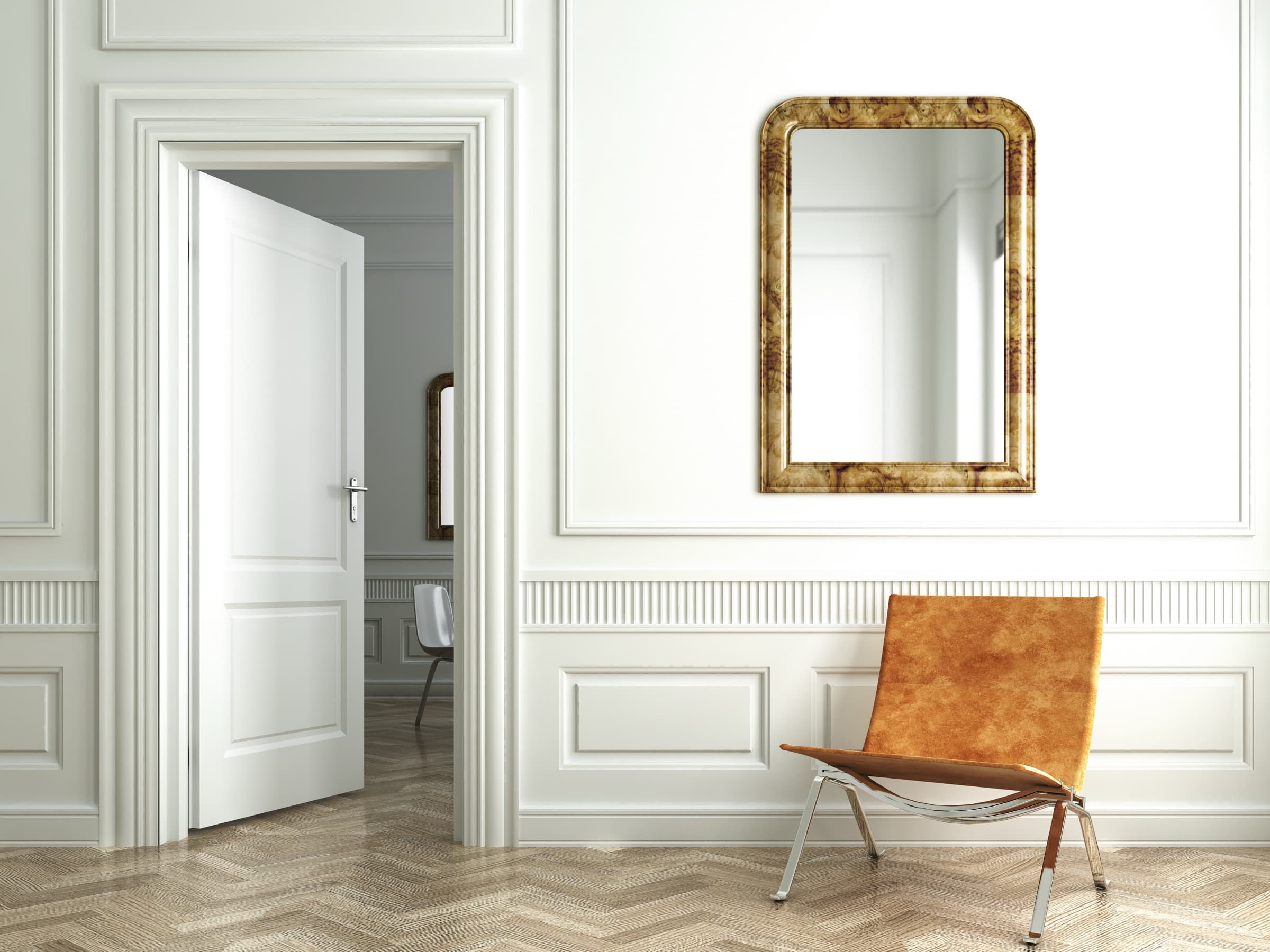 Classic paneled room with herringbone floor