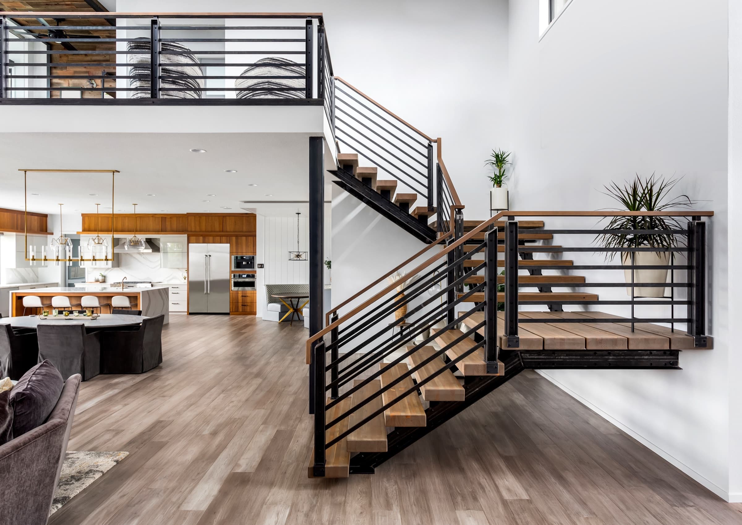 Open staircase in a modern great room